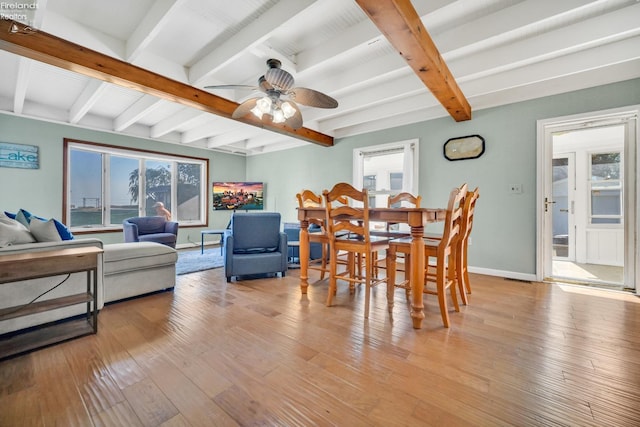 dining space with ceiling fan, light hardwood / wood-style floors, and beamed ceiling