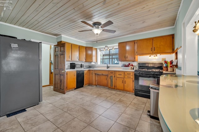 kitchen with wooden ceiling, black appliances, light tile patterned flooring, ceiling fan, and ornamental molding