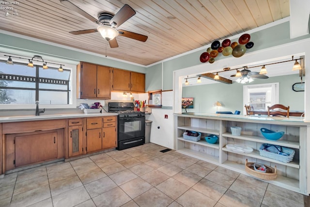 kitchen featuring crown molding, ceiling fan, sink, and gas stove