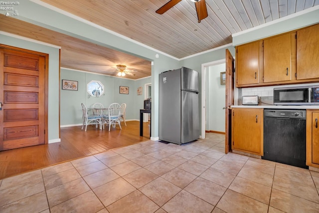 kitchen with crown molding, wooden ceiling, stainless steel appliances, light hardwood / wood-style floors, and ceiling fan