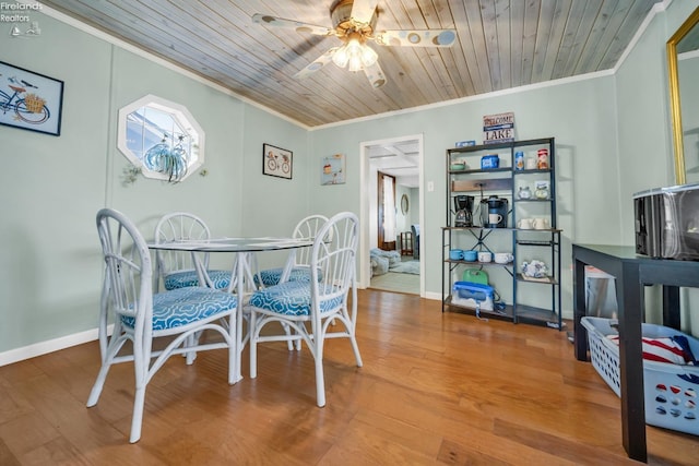 dining room featuring ceiling fan, hardwood / wood-style flooring, wood ceiling, and crown molding