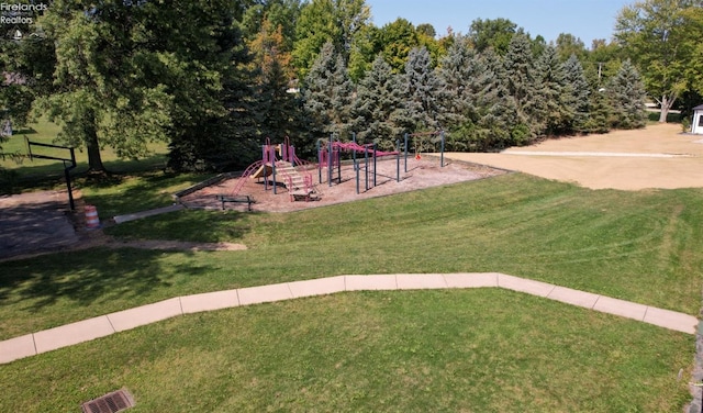 view of home's community featuring visible vents, playground community, and a yard