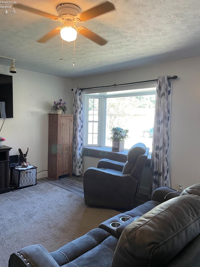 carpeted living room featuring ceiling fan and a textured ceiling