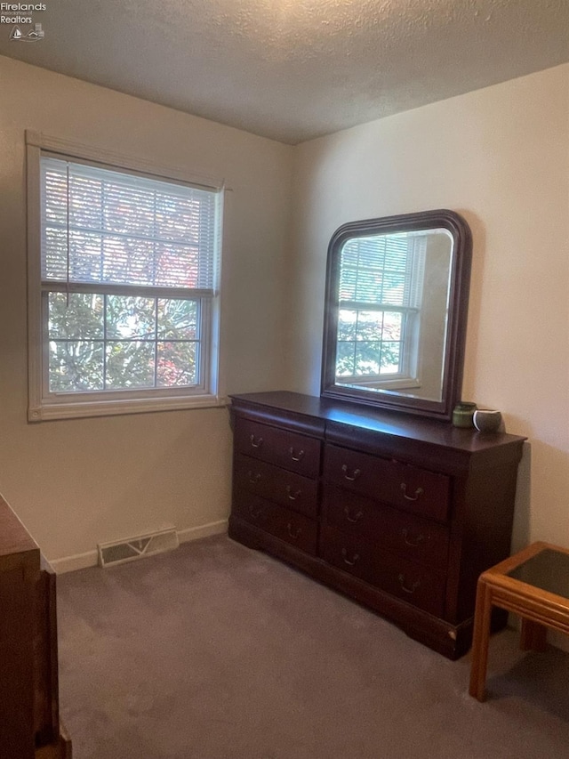 carpeted bedroom with a textured ceiling