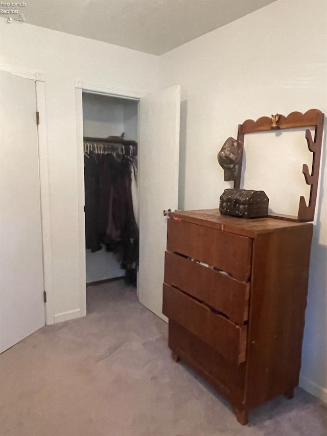 bedroom with light carpet and a walk in closet