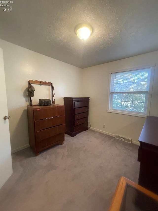 carpeted bedroom with a textured ceiling