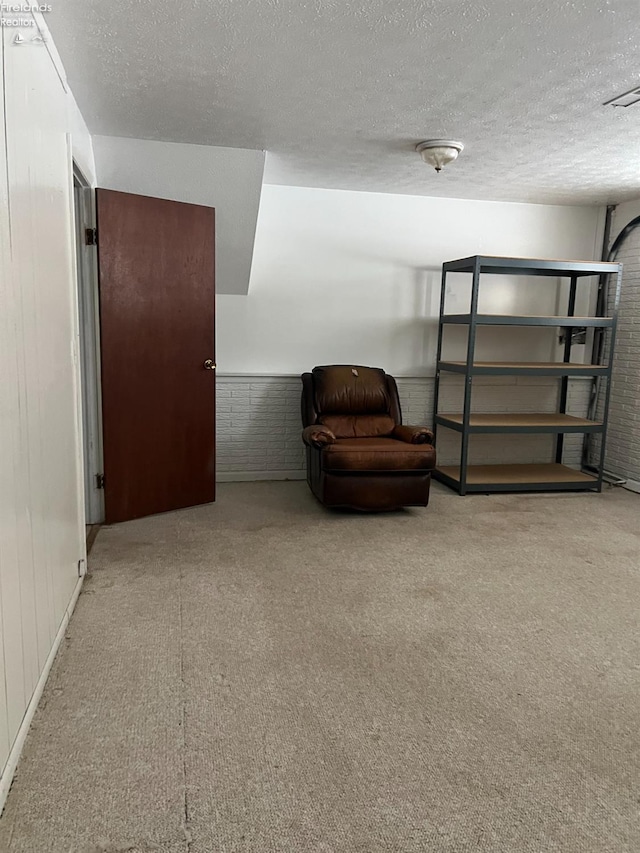 sitting room featuring light carpet and a textured ceiling