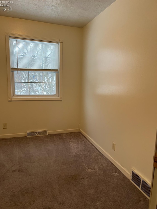 carpeted empty room featuring a textured ceiling