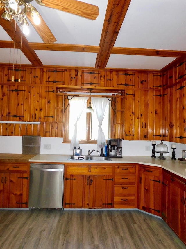 kitchen with dark hardwood / wood-style flooring, pendant lighting, stainless steel dishwasher, sink, and ceiling fan