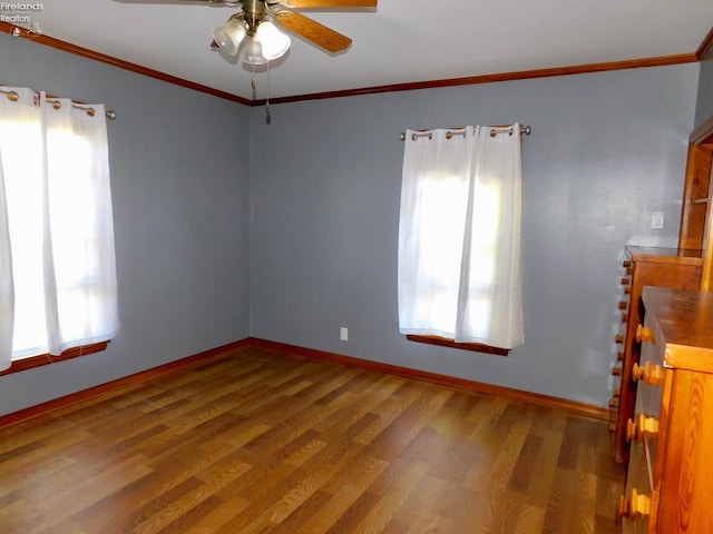 interior space featuring crown molding, wood-type flooring, and ceiling fan