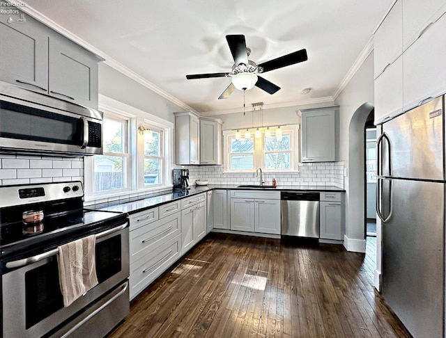 kitchen featuring backsplash, dark hardwood / wood-style flooring, ceiling fan, appliances with stainless steel finishes, and gray cabinetry