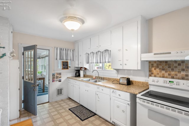 kitchen with white cabinets, white range with electric cooktop, custom range hood, and sink