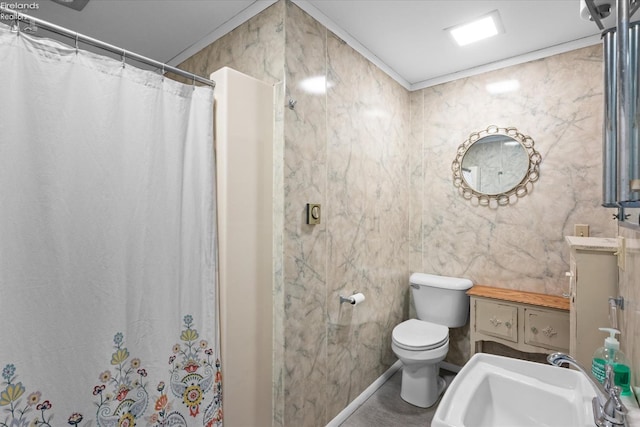 bathroom featuring tile walls, a shower with curtain, toilet, and vanity