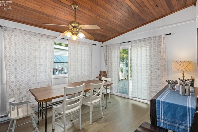 dining area featuring ceiling fan, wooden ceiling, wood-type flooring, and vaulted ceiling