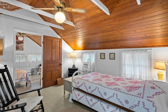 bedroom with lofted ceiling, ceiling fan, wooden ceiling, and light hardwood / wood-style floors