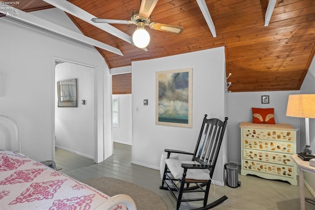 bedroom featuring wooden ceiling, light hardwood / wood-style flooring, lofted ceiling, a closet, and ceiling fan