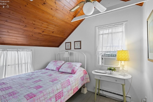 bedroom with wood ceiling, lofted ceiling, multiple windows, and a baseboard radiator