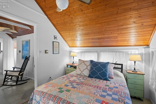 bedroom with lofted ceiling and wooden ceiling