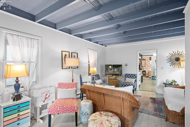 living room featuring wood ceiling, light wood-type flooring, and beam ceiling