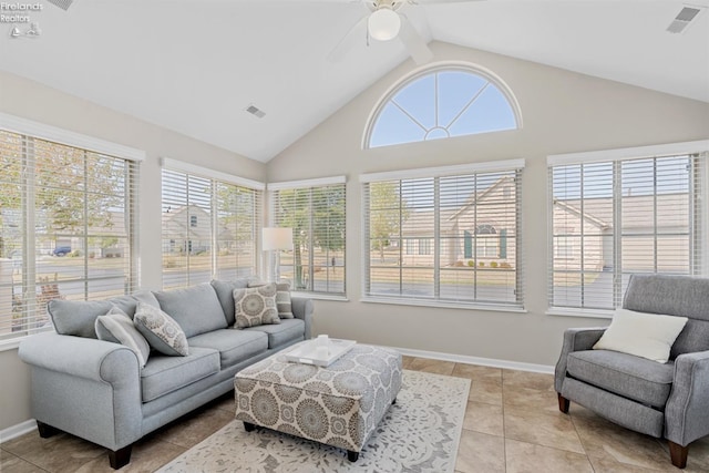 sunroom with ceiling fan and lofted ceiling with beams