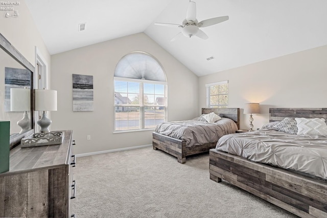 bedroom with light carpet, lofted ceiling, and ceiling fan