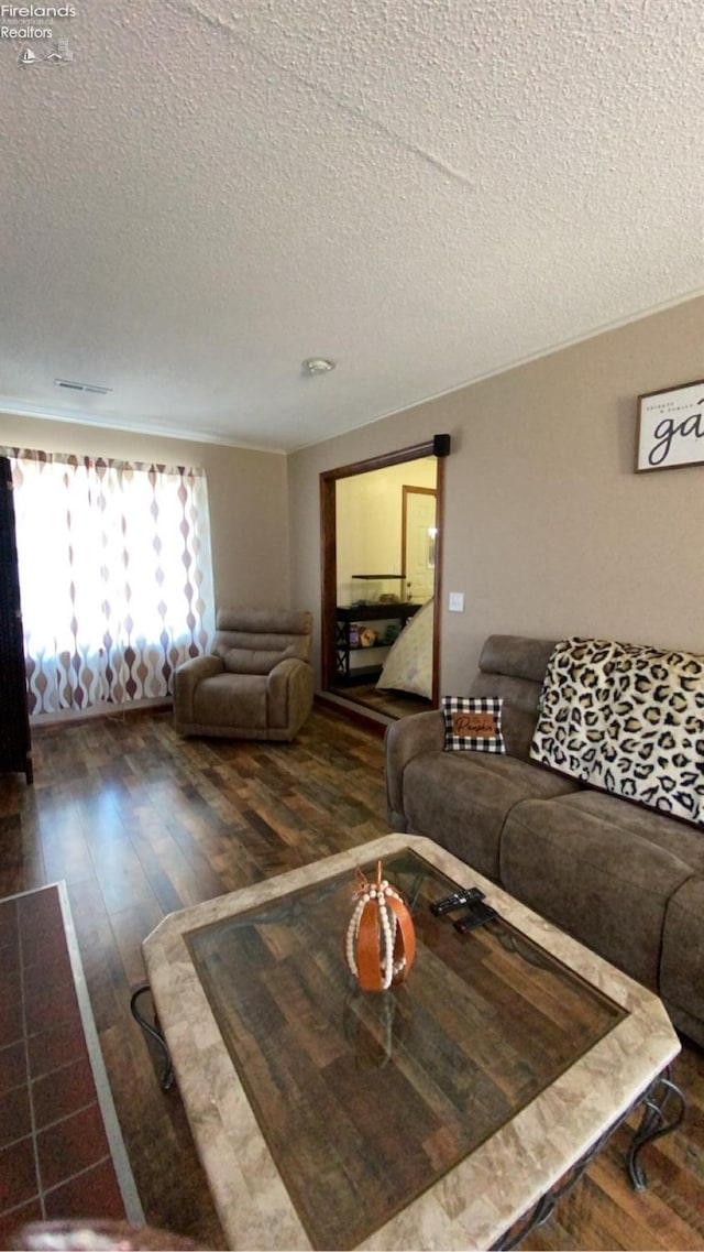 living room with hardwood / wood-style flooring and a textured ceiling