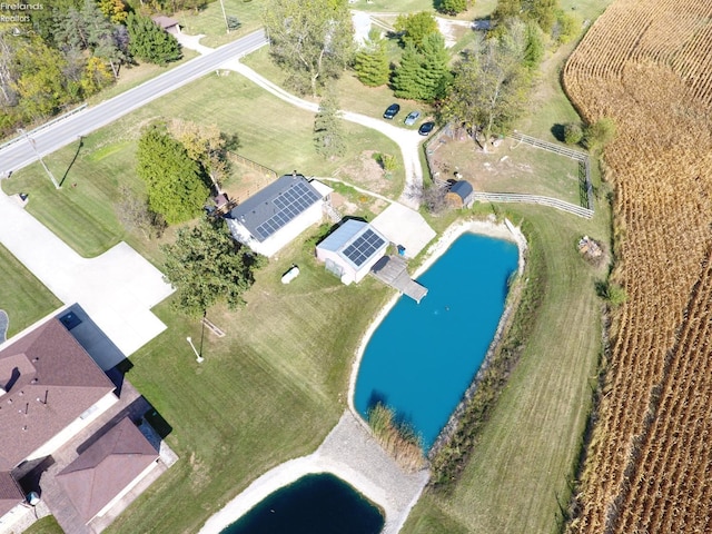 aerial view featuring a water view and a rural view