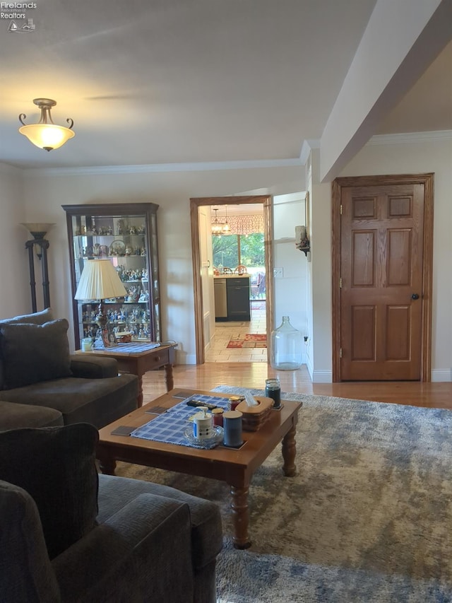 living room featuring wood-type flooring and ornamental molding