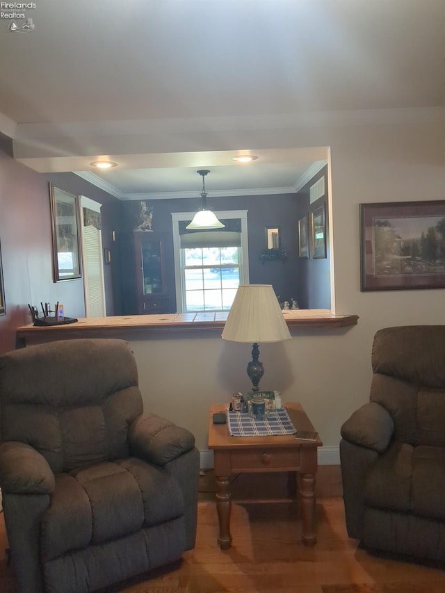 living room featuring hardwood / wood-style floors and crown molding