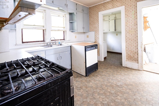 kitchen with black gas stove, crown molding, sink, and white dishwasher