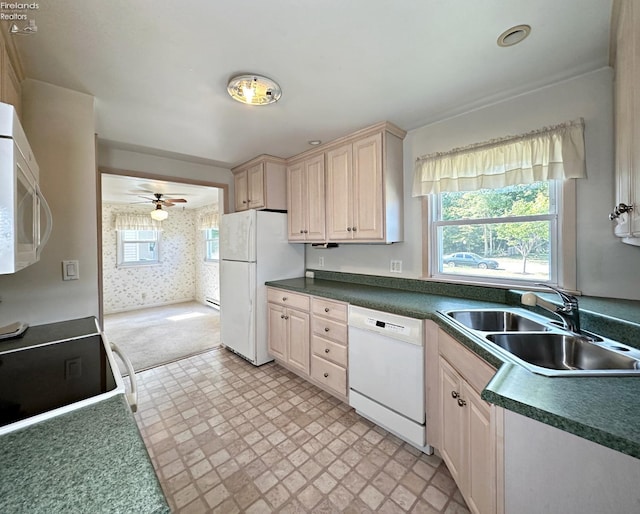 kitchen with ceiling fan, sink, and white appliances