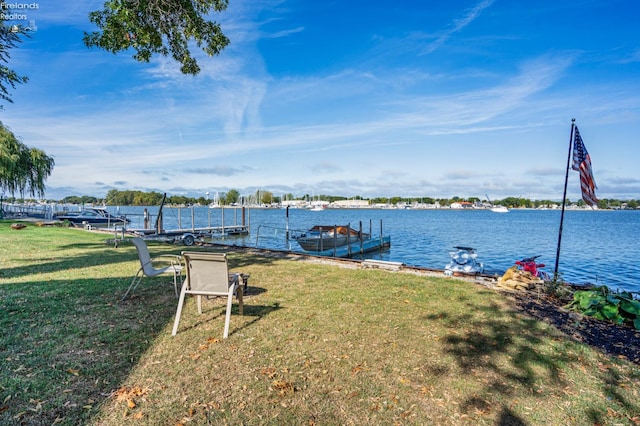 dock area featuring a water view and a yard