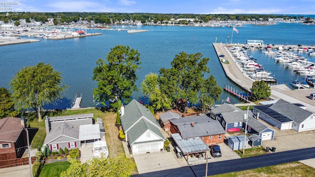 birds eye view of property featuring a water view