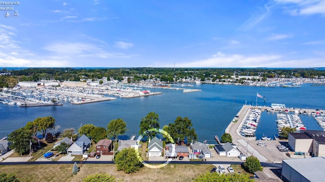 drone / aerial view featuring a water view