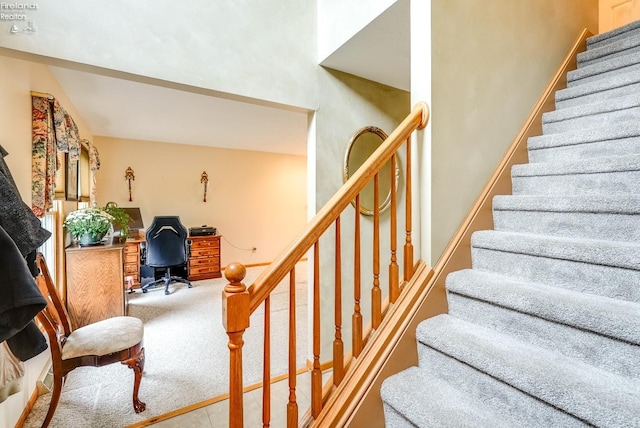 stairway featuring carpet