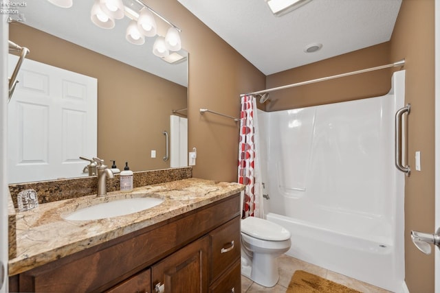 full bathroom with a textured ceiling, shower / bathtub combination with curtain, tile patterned floors, vanity, and toilet