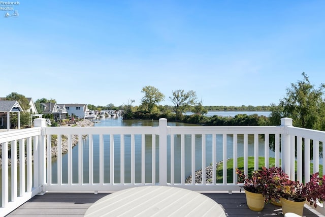 wooden deck featuring a water view