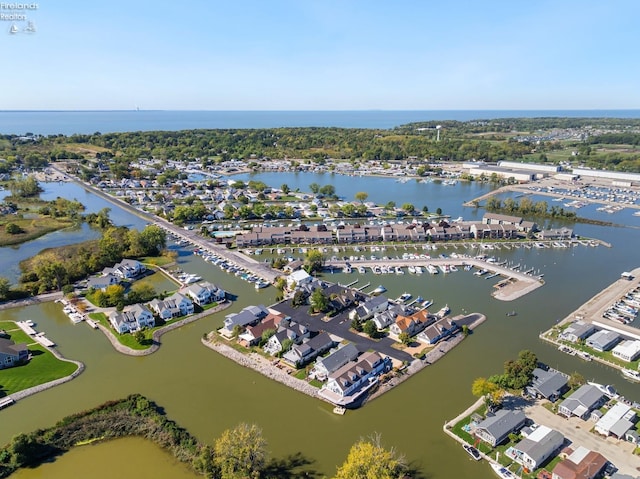 drone / aerial view with a water view