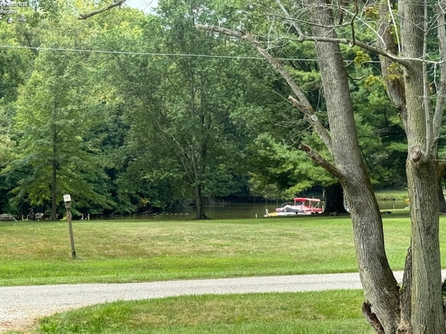 view of community featuring a wooded view, a yard, and a water view