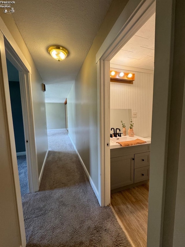 hall featuring light carpet, sink, and a textured ceiling