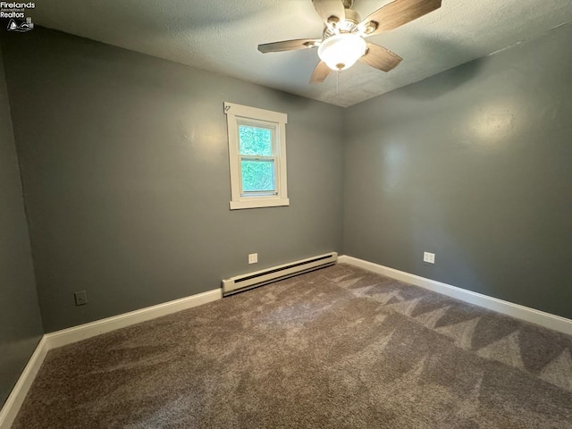 carpeted spare room with a textured ceiling, a baseboard radiator, and ceiling fan