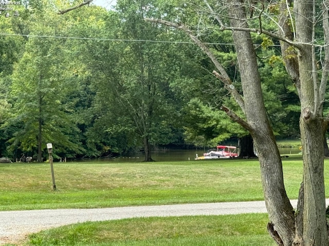 view of property's community with a lawn and a water view