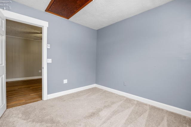 empty room featuring carpet, ceiling fan, and a textured ceiling