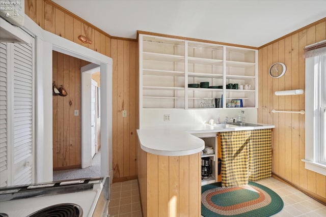 218 Lakefront, Lakeside, OH 43440 - kitchen with wood walls, a sink, light countertops, and light tile patterned floors