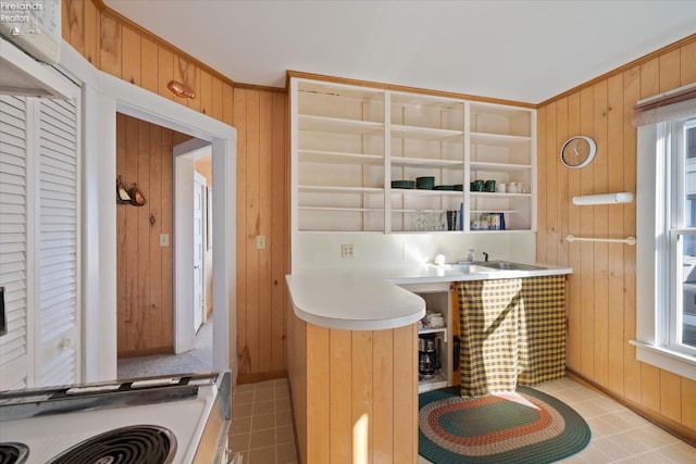 218 Lakefront, Lakeside, OH 43440 - kitchen with wood walls, a sink, light countertops, and light tile patterned floors