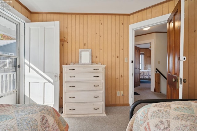 218 Lakefront, Lakeside, OH 43440 - carpeted bedroom featuring wood walls, crown molding, and baseboards