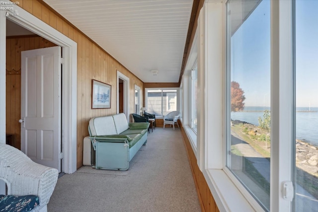 218 Lakefront, Lakeside, OH 43440 - sunroom / solarium featuring a water view, wooden walls, and carpet flooring