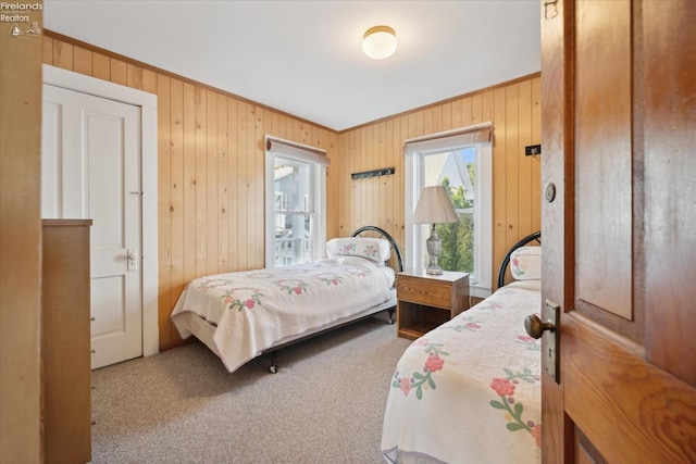 218 Lakefront, Lakeside, OH 43440 - bedroom with crown molding, wooden walls, and carpet flooring