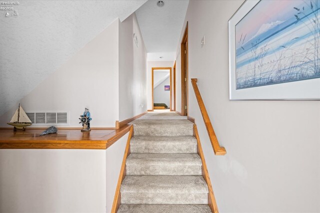 stairway with carpet flooring and a textured ceiling