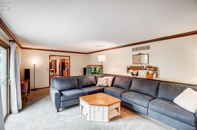 living room featuring ornamental molding and light colored carpet